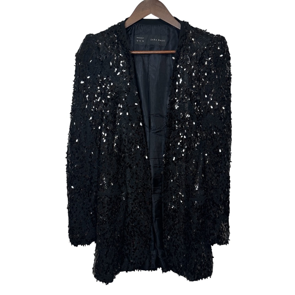 Zara Basic Black Sequin Textured Blazer Jacket Op… - image 1